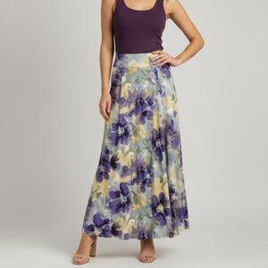 Floral Maxi Skirt Medium Purple Yellow Watercolor Pull On Goddess